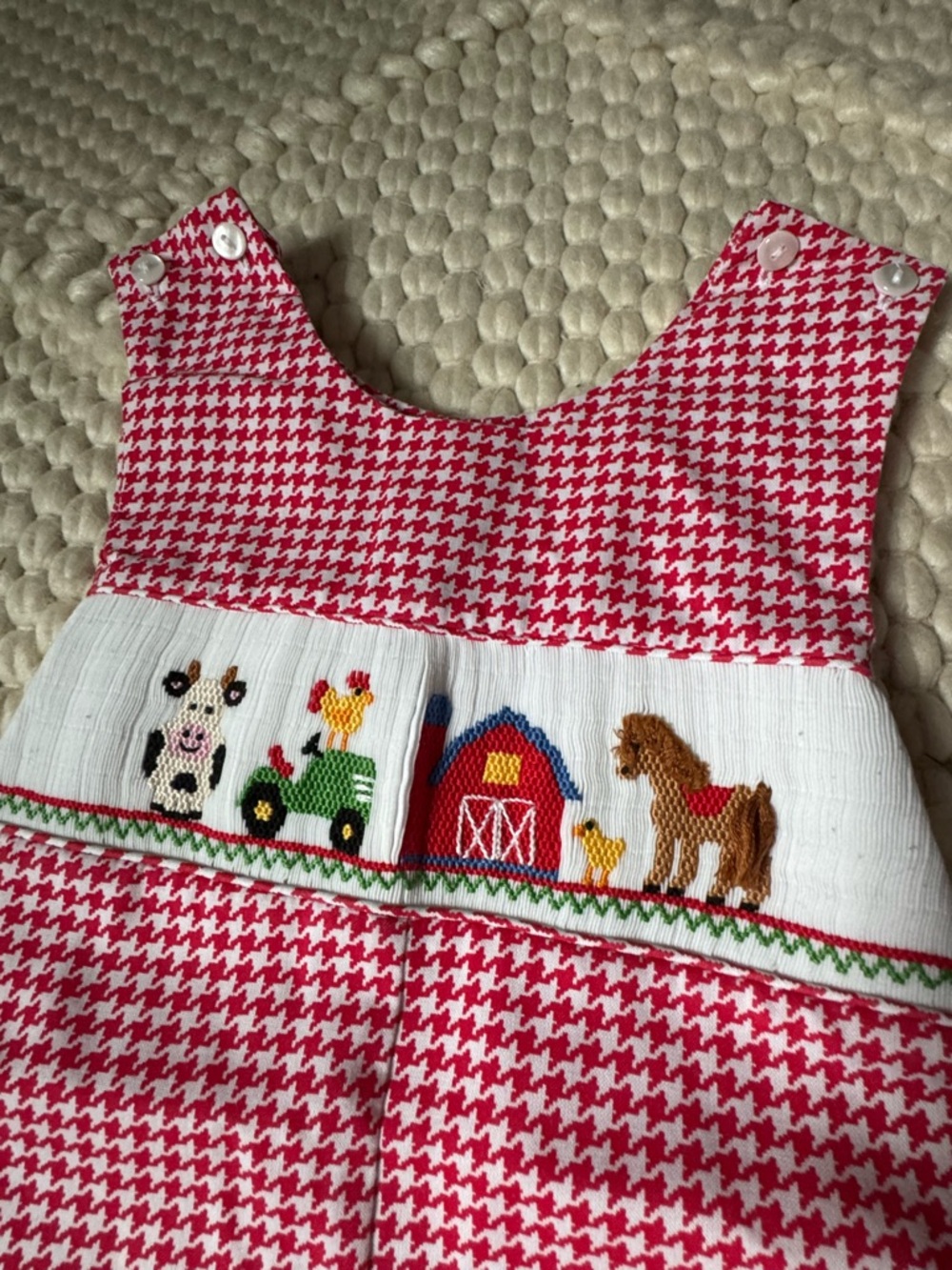 Red Houndstooth Smocked Farmyard Toddler Coveralls - Picture 3 of 4